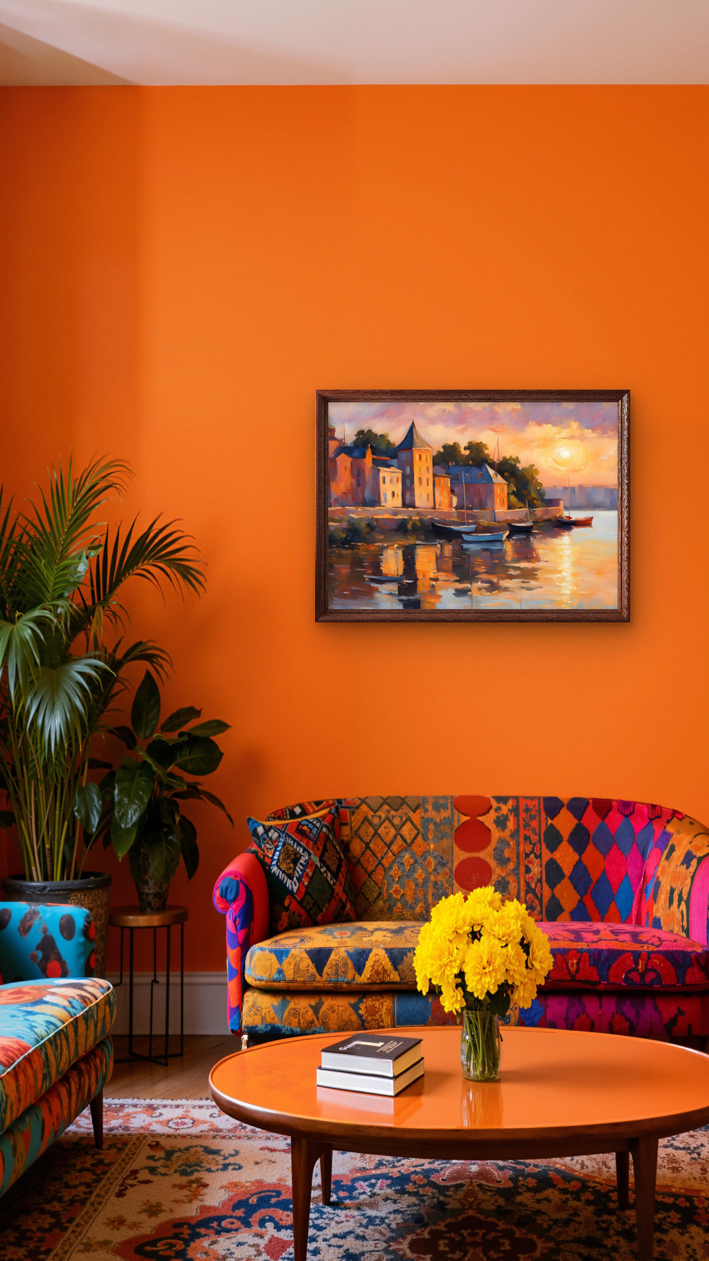 A vibrant living room corner with a bright orange wall, featuring a colorful geometric-patterned sofa, a matching armchair, a round wooden coffee table with yellow flowers, and a framed painting of a harbor town hanging on the wall.