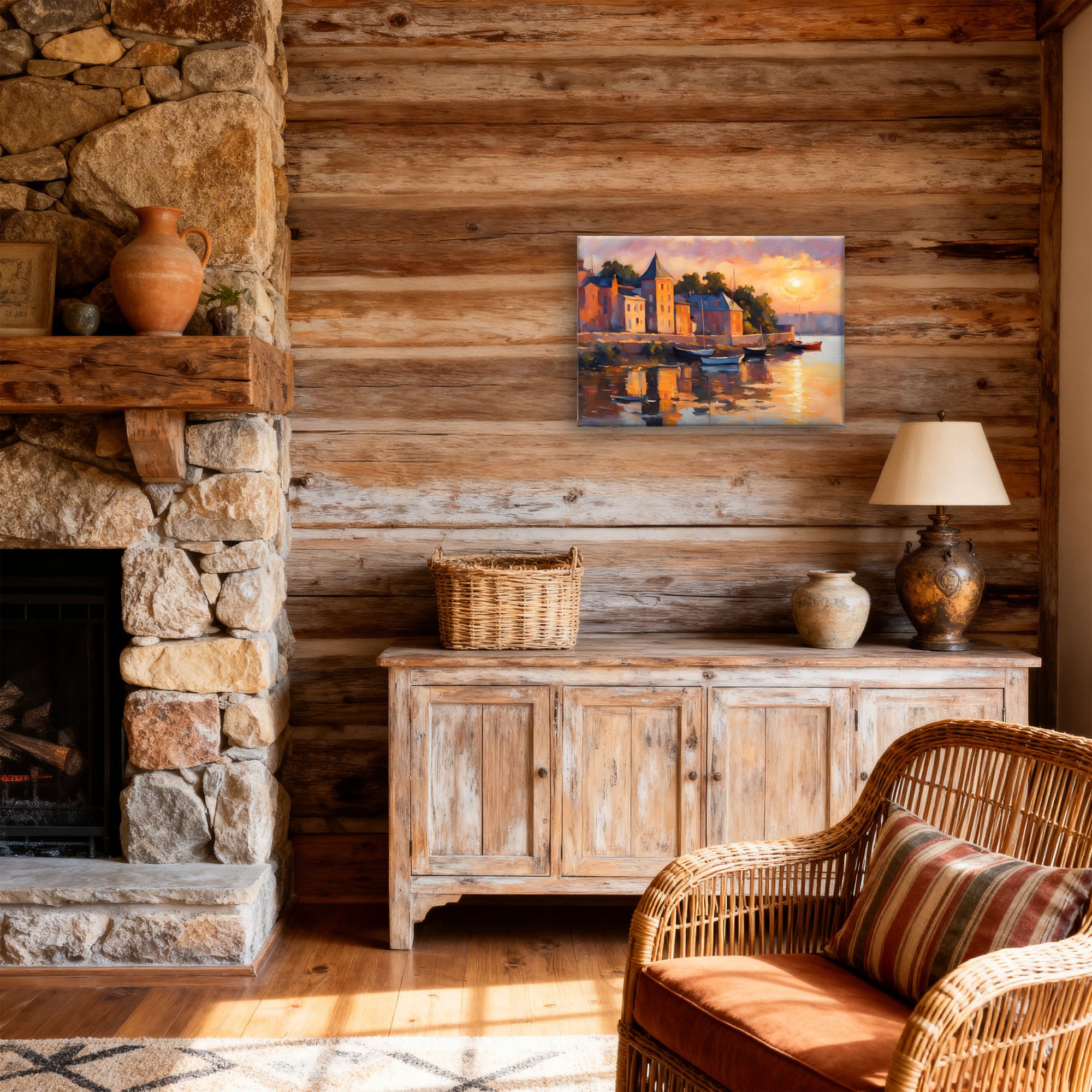A framed landscape painting of a rustic stone castle at sunset hangs on a rustic wood-paneled wall in a cozy cabin living room. The scene includes a stone fireplace, a wooden sideboard with a lamp and basket, and a wicker armchair in the foreground.