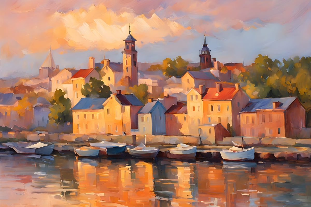 A colorful impressionistic painting of a coastal town with church towers, clustered houses, boats at a harbor, and warm sunset reflections on the water.