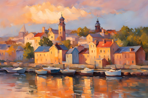 A colorful impressionistic painting of a coastal town with church towers, clustered houses, boats at a harbor, and warm sunset reflections on the water.