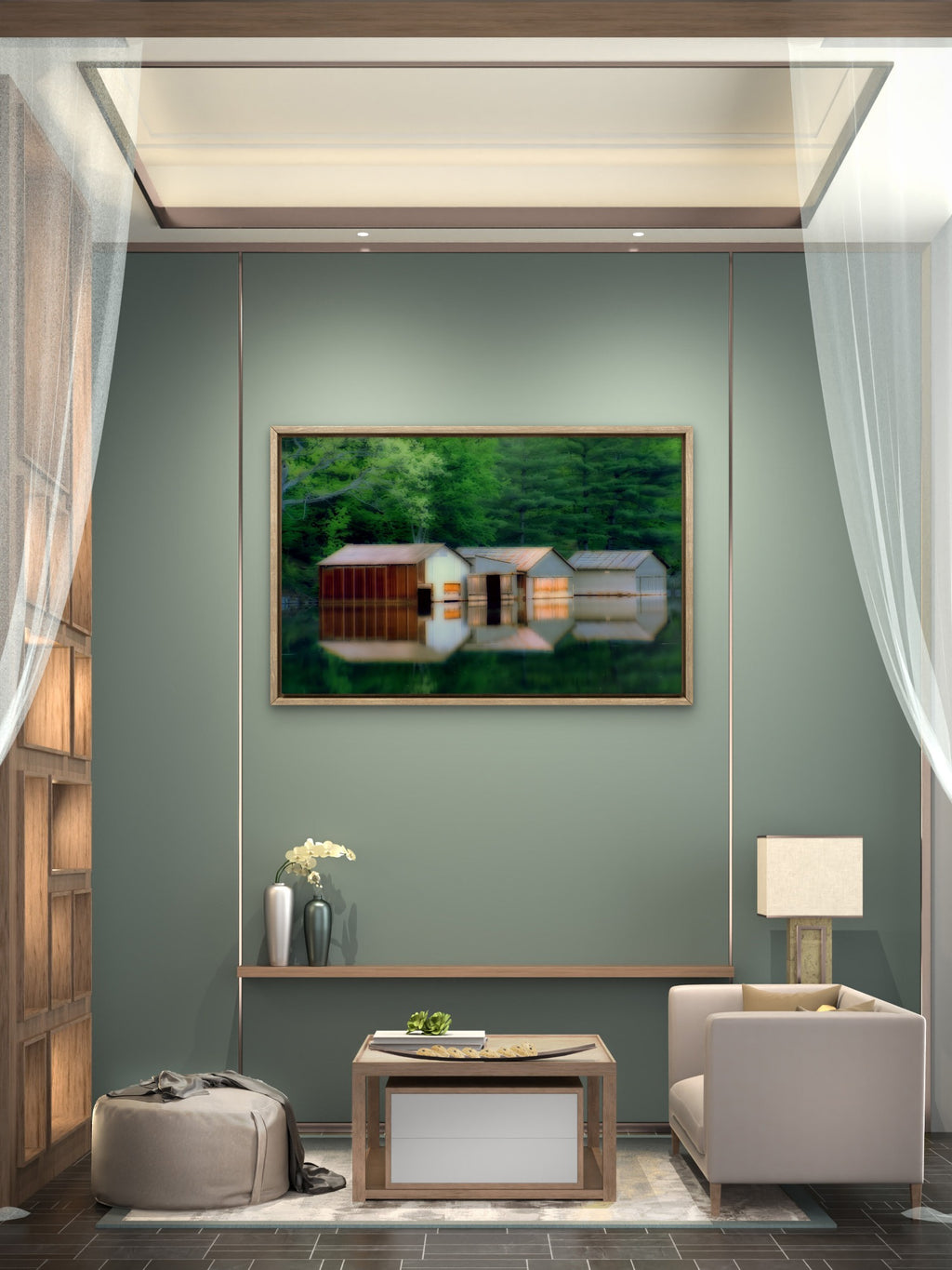 Three Sisters — Rustic Boathouse Reflection Digital Wall Art-d