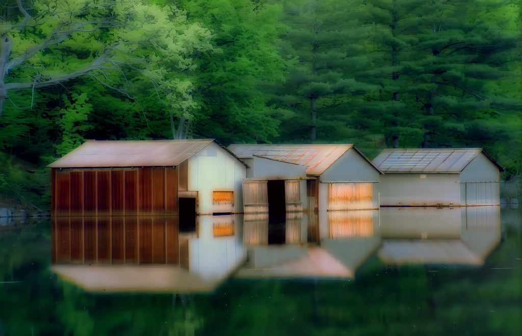 Three Sisters — Rustic Boathouse Reflection Digital Wall Art