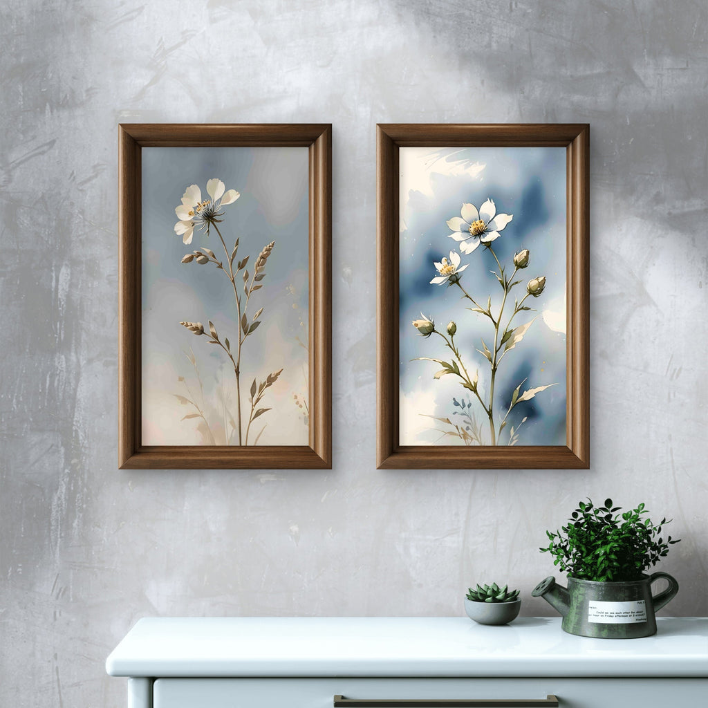 Blue Botanical Wall Art Set of 2 – Neutral Floral Prints – Modern Living Room & Bedroom Decor - Byeutifull Art