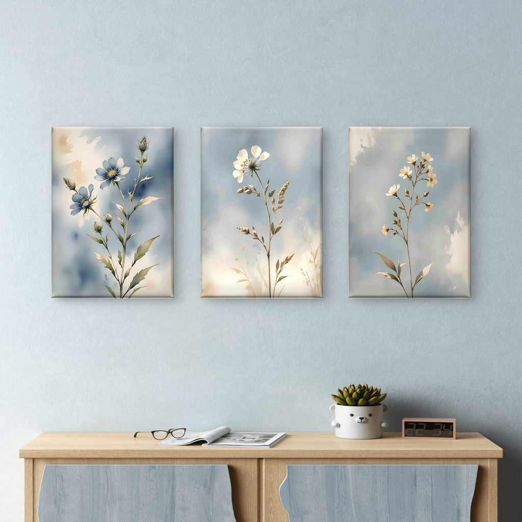 Blue Botanical Wall Art Set of 3 – Neutral Floral Prints – Modern Living Room & Bedroom Decor - Byeutifull Art