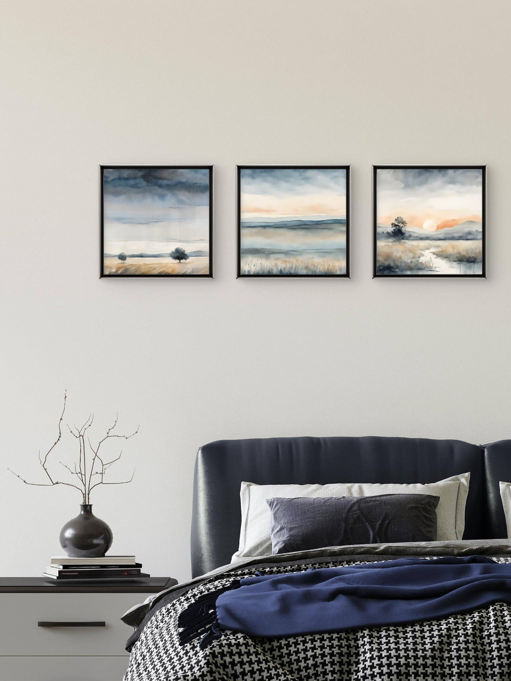 Blue Gold Wall Art Set of 3 – Abstract Blue & Gold Print Collection – Modern Living Room & Bedroom Decor - Byeutifull Art