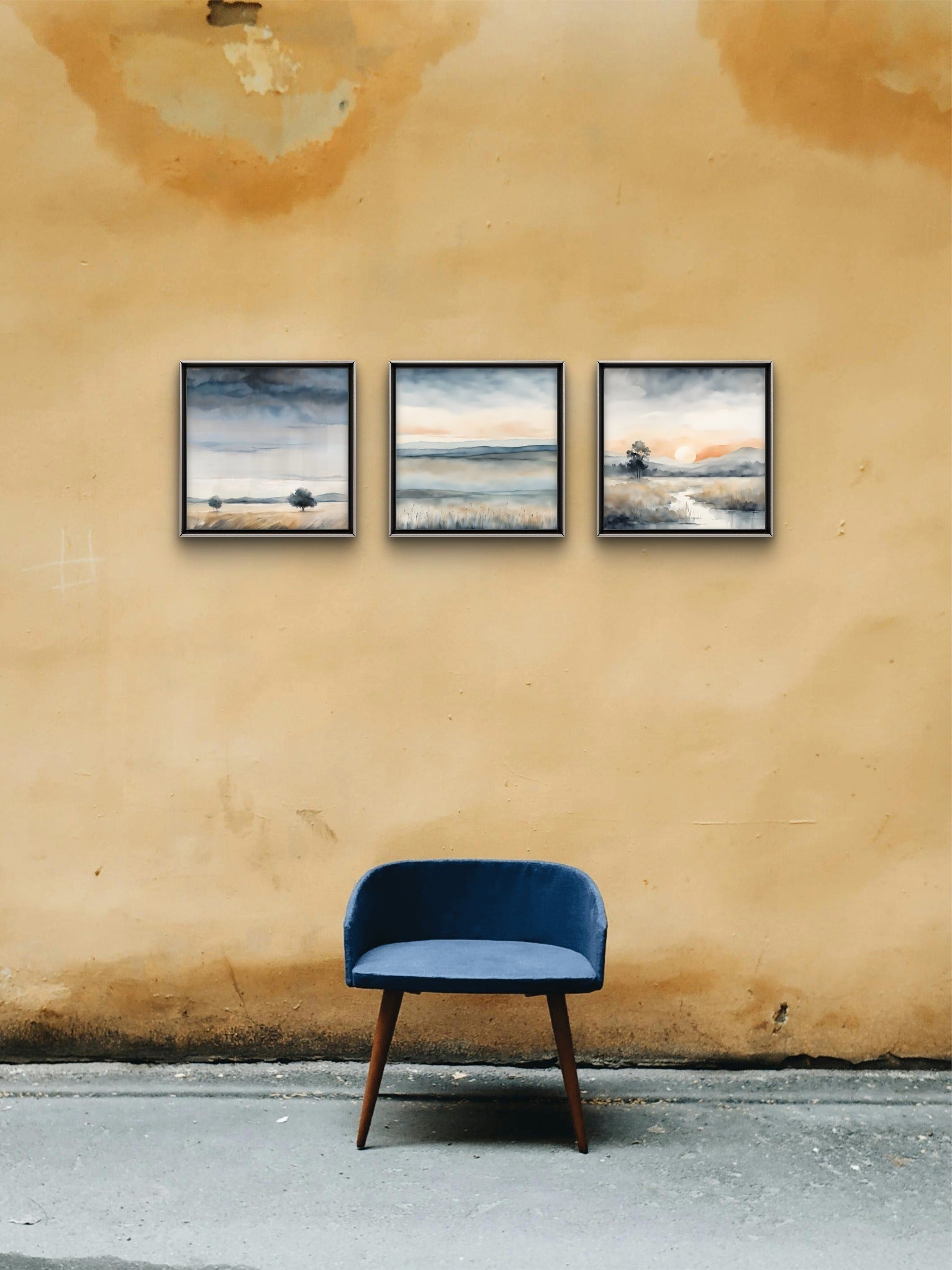 Blue Gold Wall Art Set of 3 – Abstract Blue & Gold Print Collection – Modern Living Room & Bedroom Decor - Byeutifull Art