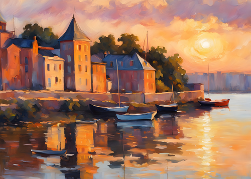 Painting of a harbor scene with boats and buildings at sunset.