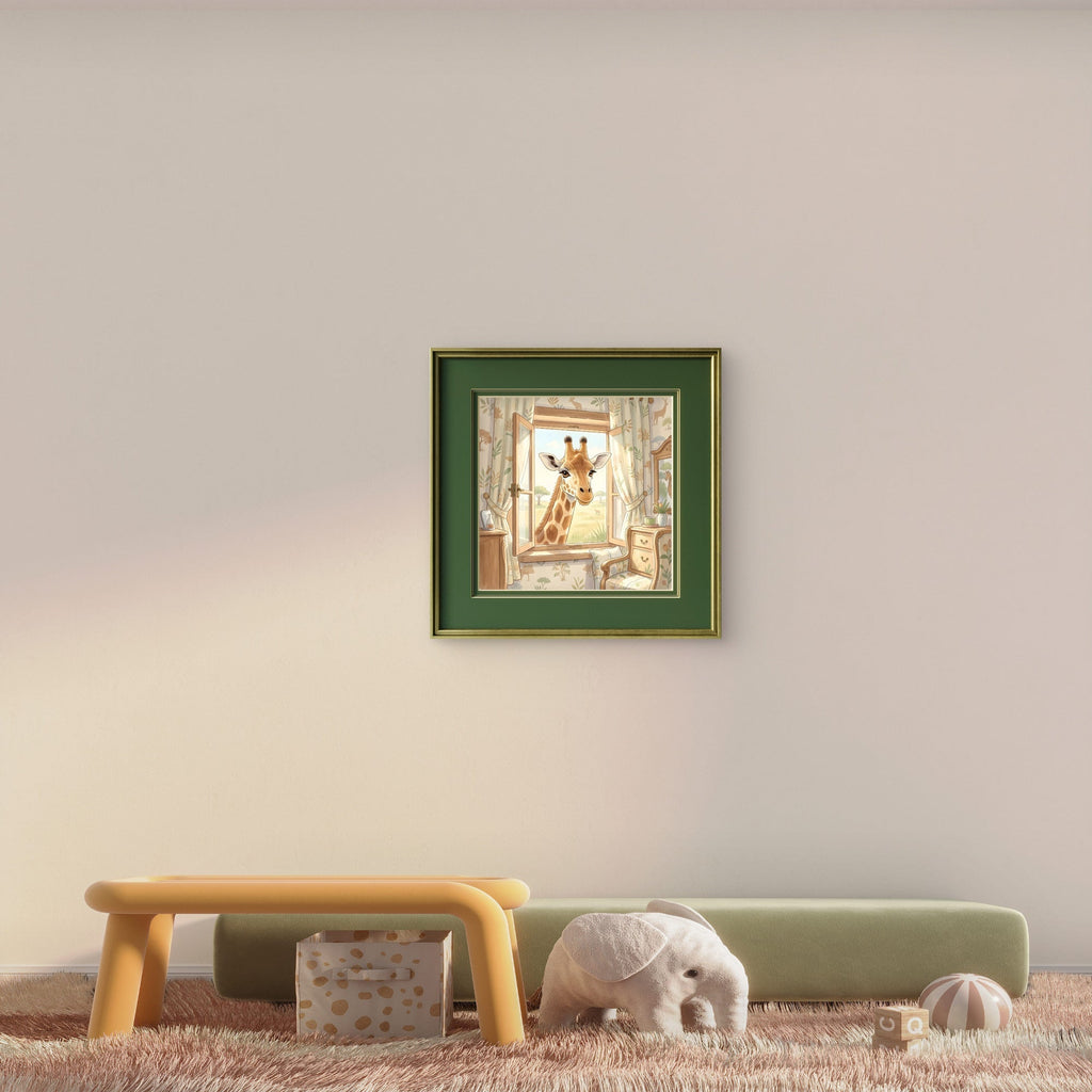Giraffe Nursery Wall Art – Safari Animal Window Illustration Print - Byeutifull Art