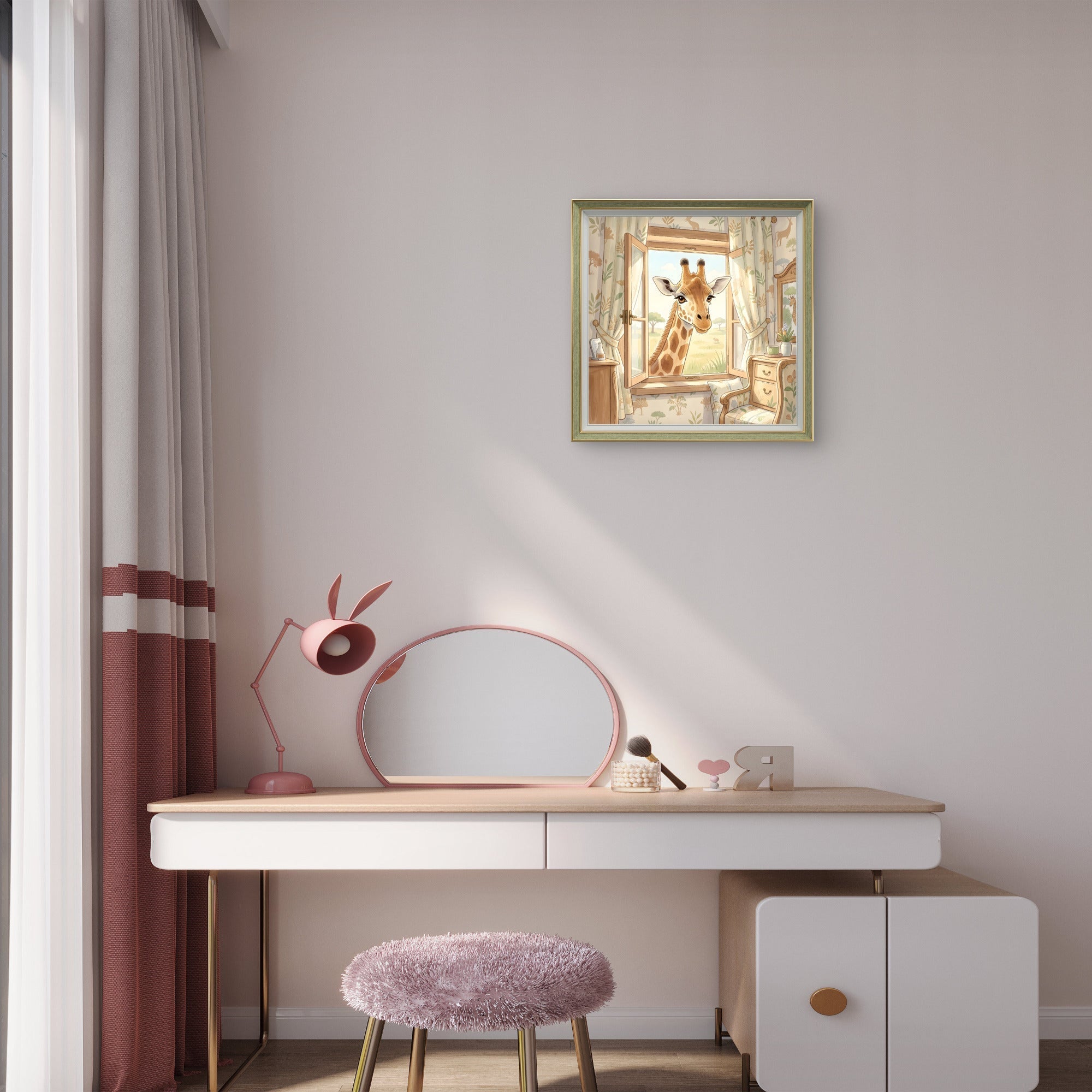 Giraffe Nursery Wall Art – Safari Animal Window Illustration Print - Byeutifull Art