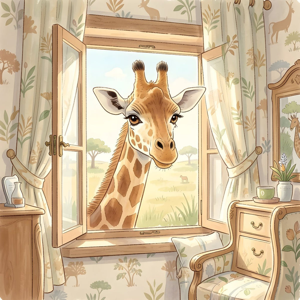 Giraffe Nursery Wall Art – Safari Animal Window Illustration Print - Byeutifull Art