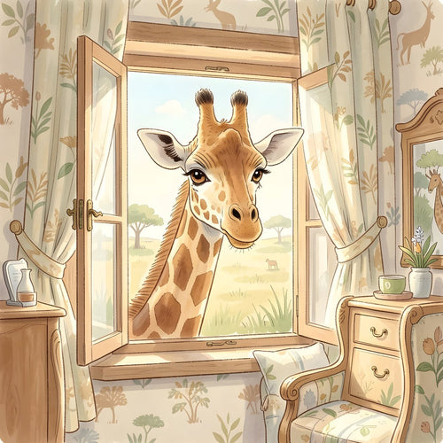 Giraffe Nursery Wall Art – Safari Animal Window Illustration Print - Byeutifull Art