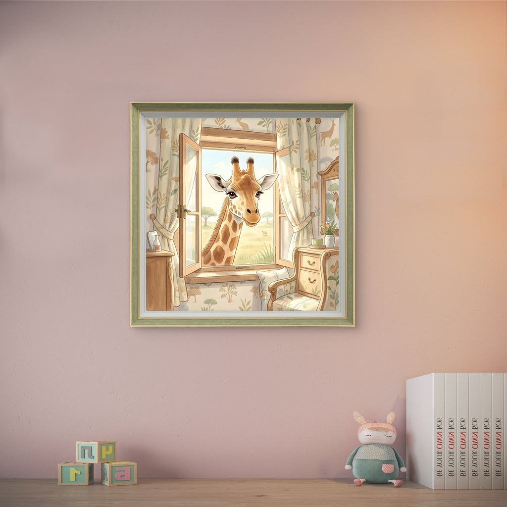 Giraffe Nursery Wall Art – Safari Animal Window Illustration Print - Byeutifull Art