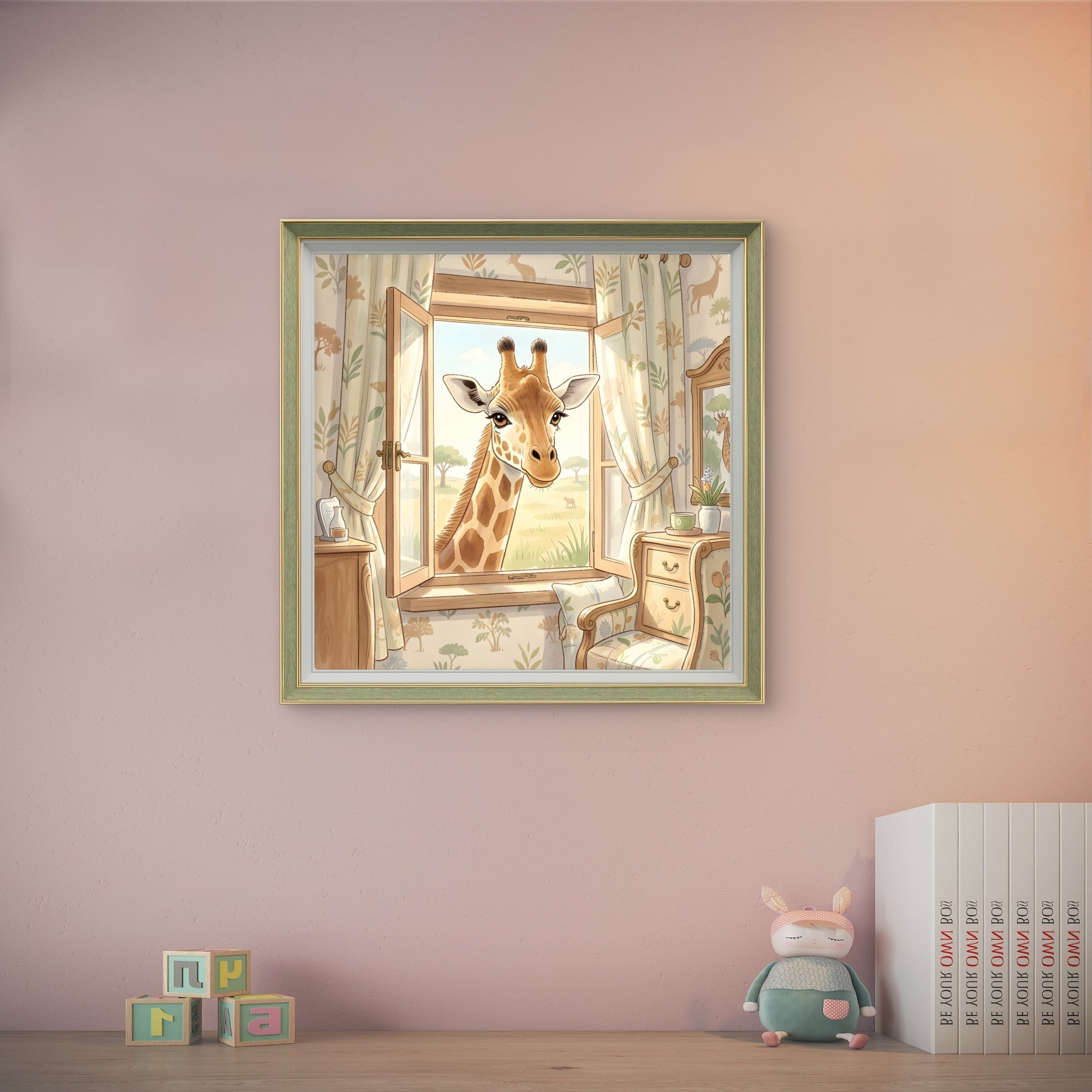 Giraffe Nursery Wall Art – Safari Animal Window Illustration Print - Byeutifull Art