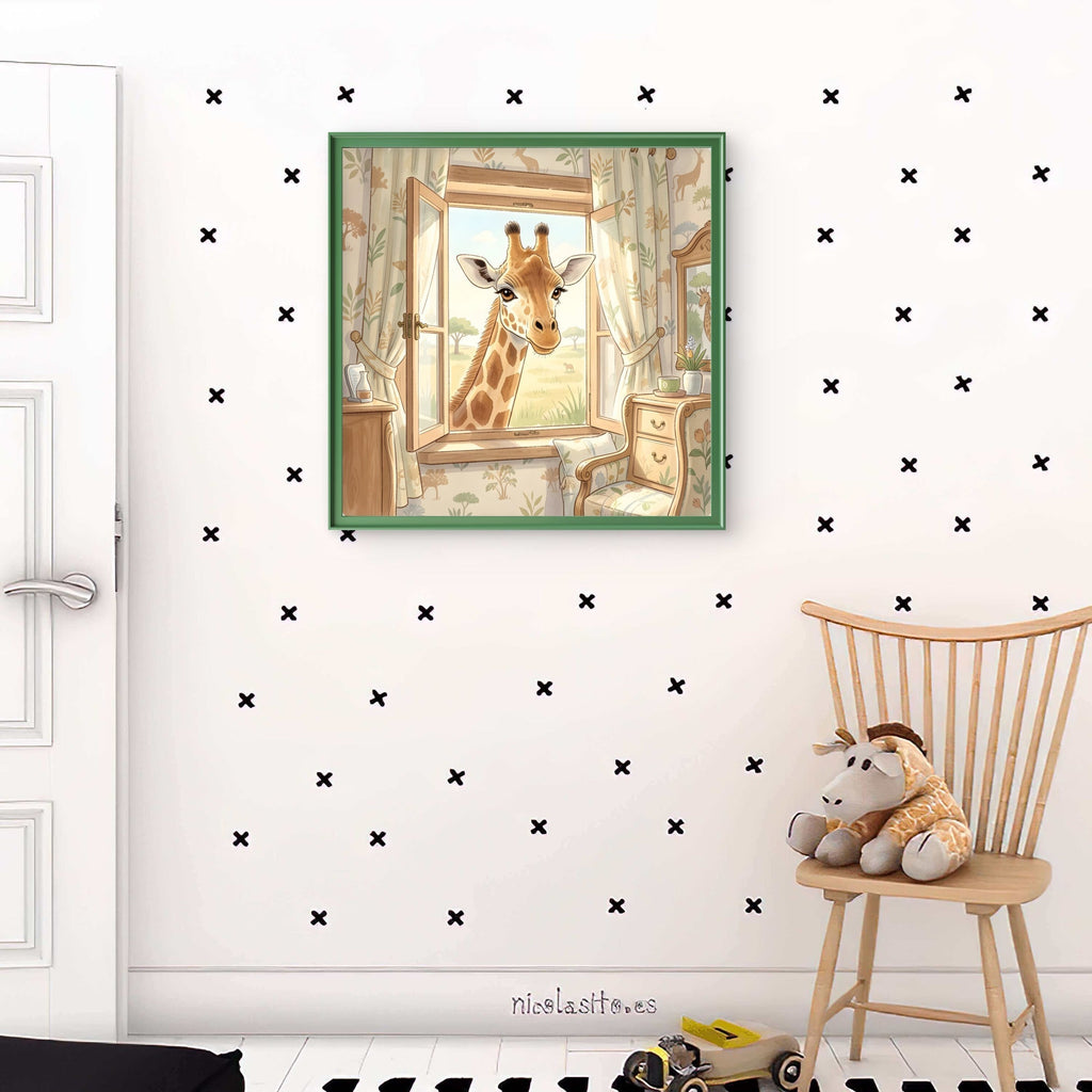 Giraffe Nursery Wall Art – Safari Animal Window Illustration Print - Byeutifull Art
