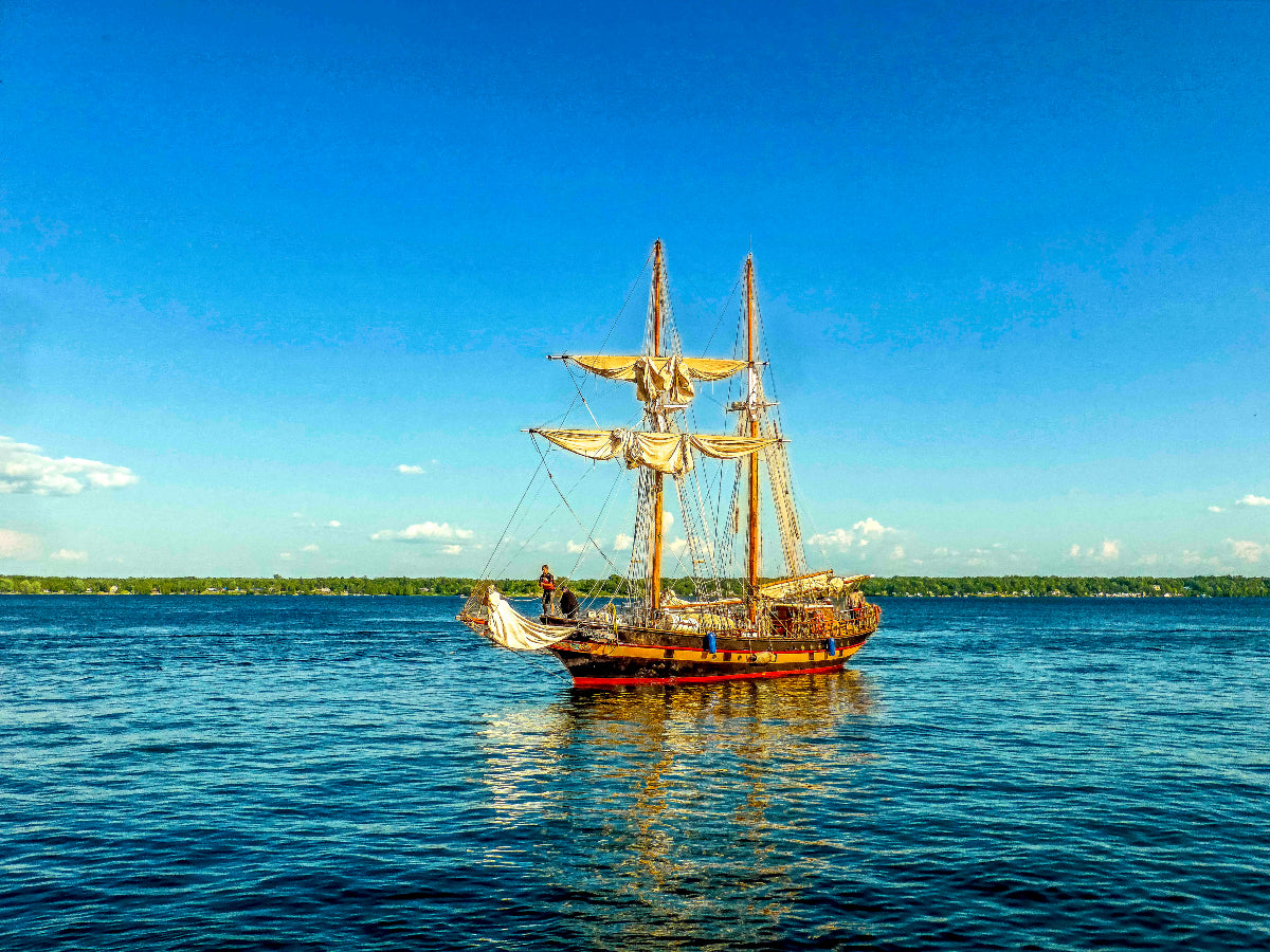 A tall-masted wooden sailing ship with beige sails floats on calm blue water under a bright blue sky with a distant green shoreline.