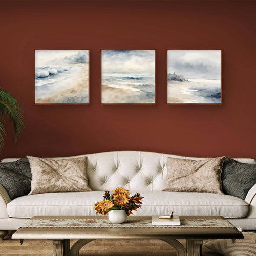 Neutral Coastal Wall Art Set of 3 – Soft Ocean Landscape Prints - Byeutifull Art