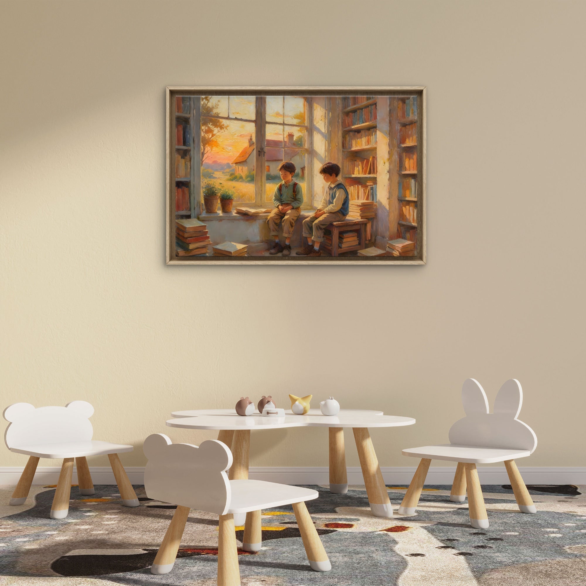 Vintage Boys Reading Wall Art, Cozy Library Scene, Cottagecore Printable Art, Warm Neutral Home Decor - Byeutifull Art