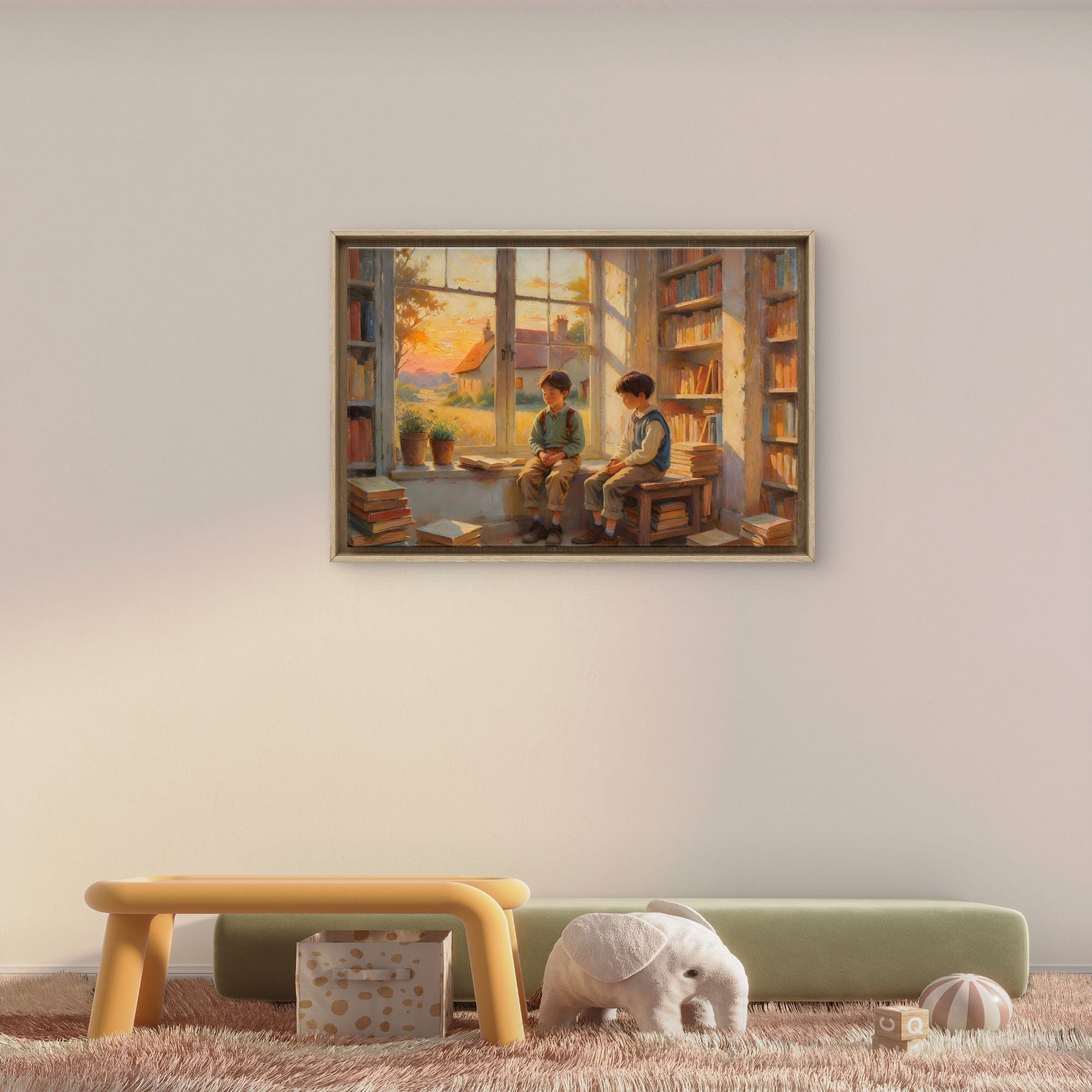 Vintage Boys Reading Wall Art, Cozy Library Scene, Cottagecore Printable Art, Warm Neutral Home Decor - Byeutifull Art