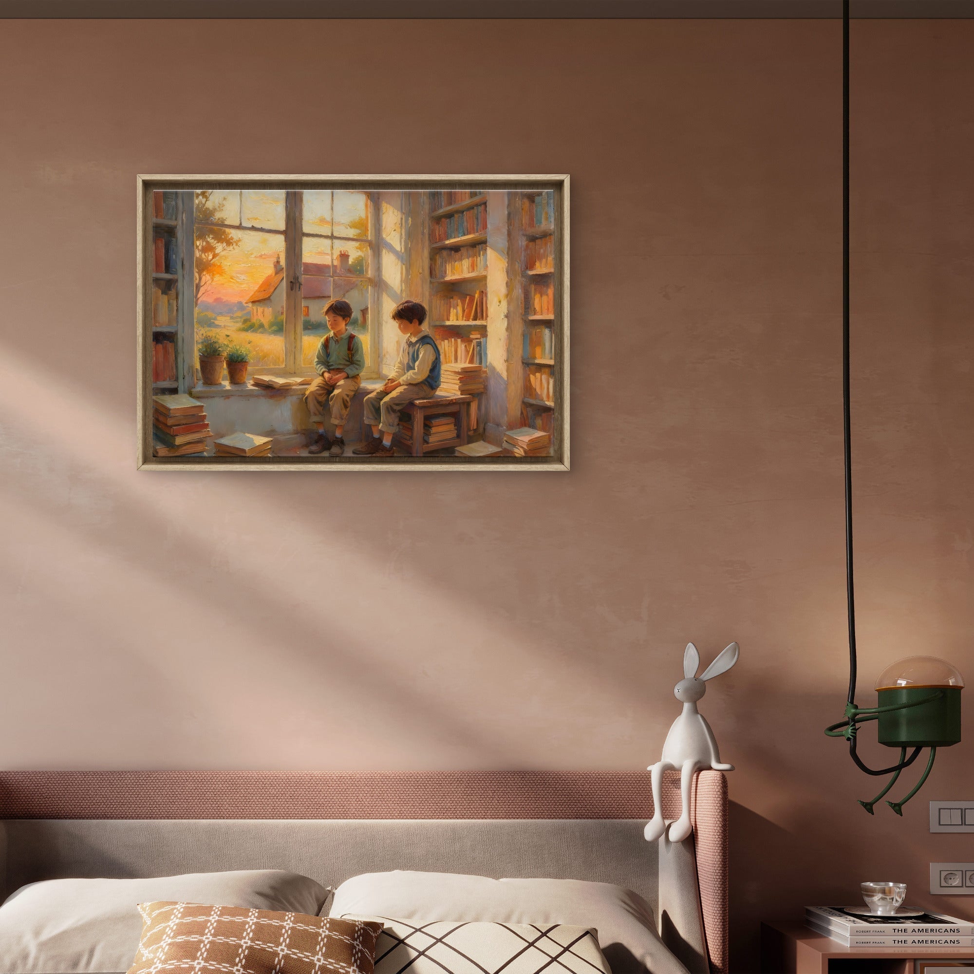 Vintage Boys Reading Wall Art, Cozy Library Scene, Cottagecore Printable Art, Warm Neutral Home Decor - Byeutifull Art